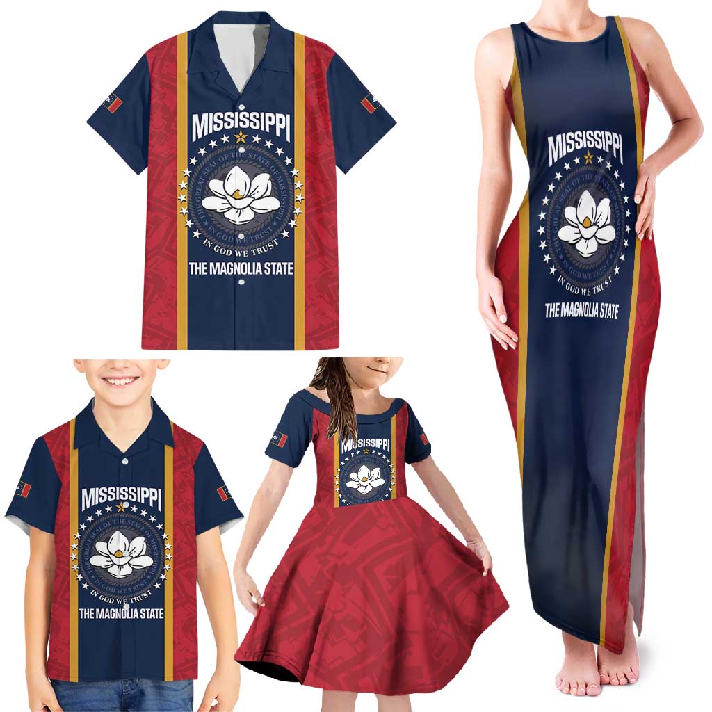 United States Mississippi Family Matching Tank Maxi Dress and Hawaiian Shirt Magnolia State Flag Style