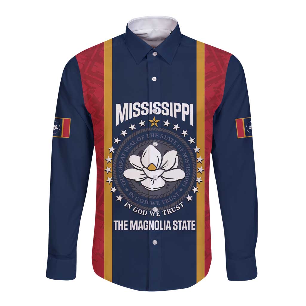 United States Mississippi Long Sleeve Button Shirt Magnolia State Flag Style