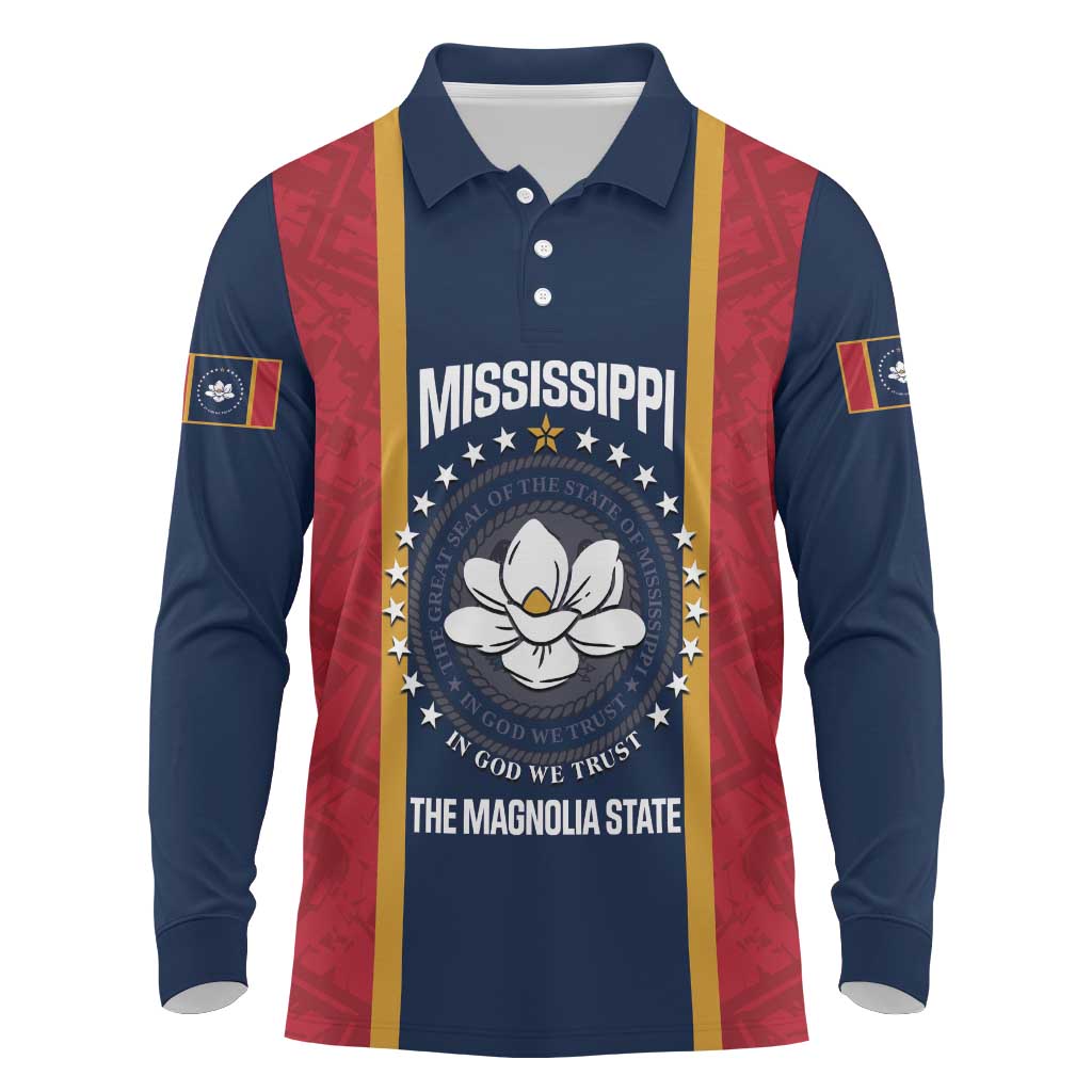 United States Mississippi Long Sleeve Polo Shirt Magnolia State Flag Style