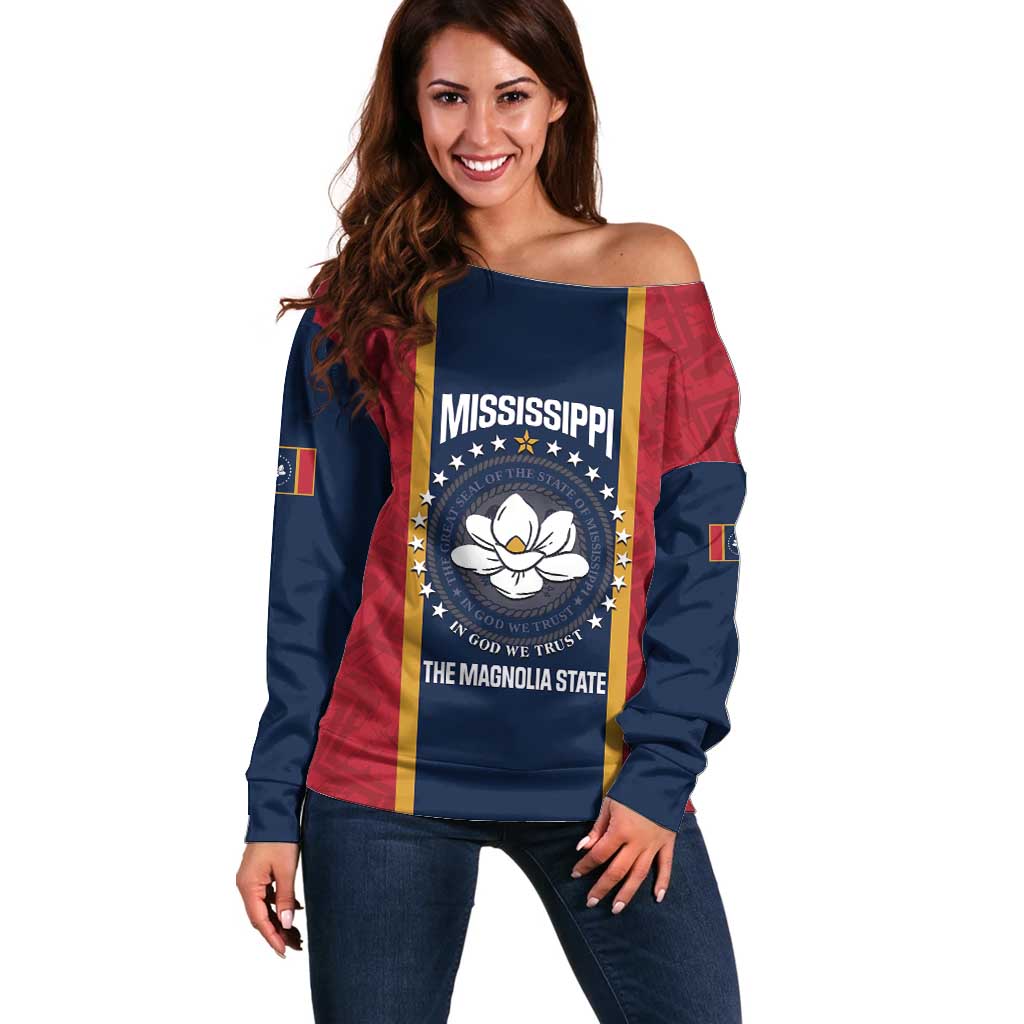 United States Mississippi Off Shoulder Sweater Magnolia State Flag Style