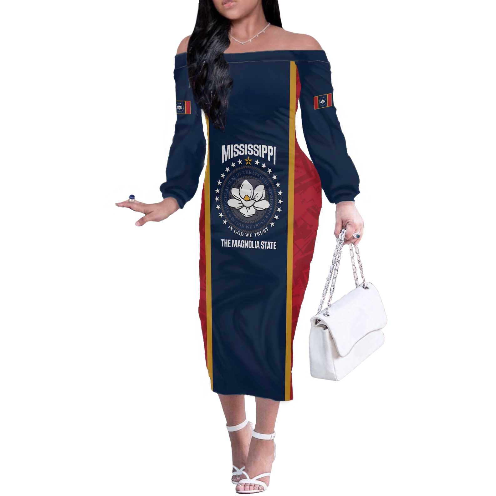 United States Mississippi Off The Shoulder Long Sleeve Dress Magnolia State Flag Style