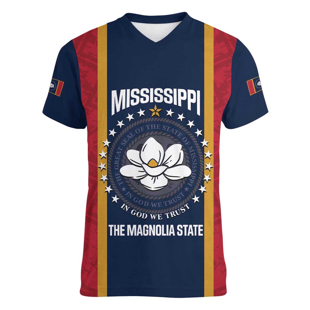 United States Mississippi Women V-Neck T-Shirt Magnolia State Flag Style