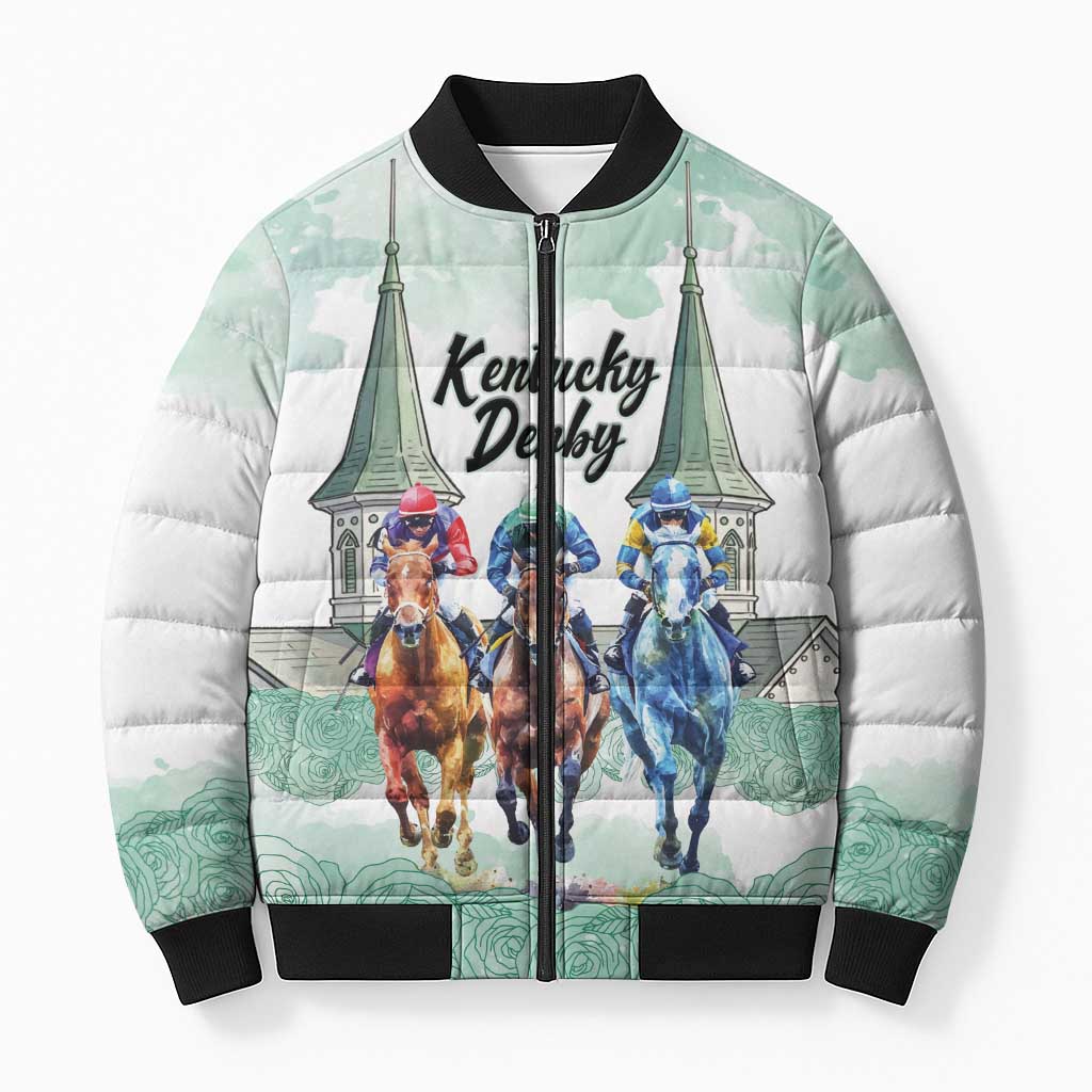 Kentucky Horse Racing Personalized Bomber Puffer Jacket Churchill Downs Roses Pastel Green