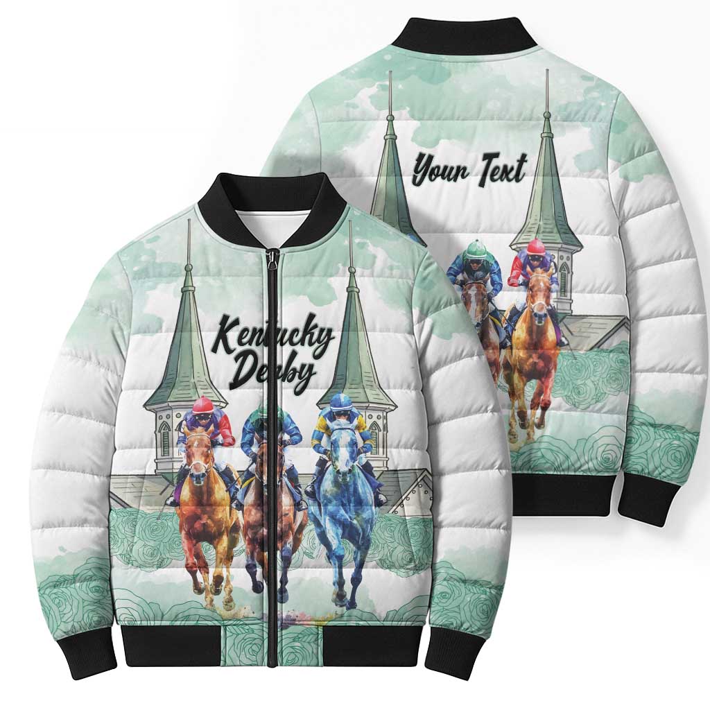 Kentucky Horse Racing Personalized Bomber Puffer Jacket Churchill Downs Roses Pastel Green