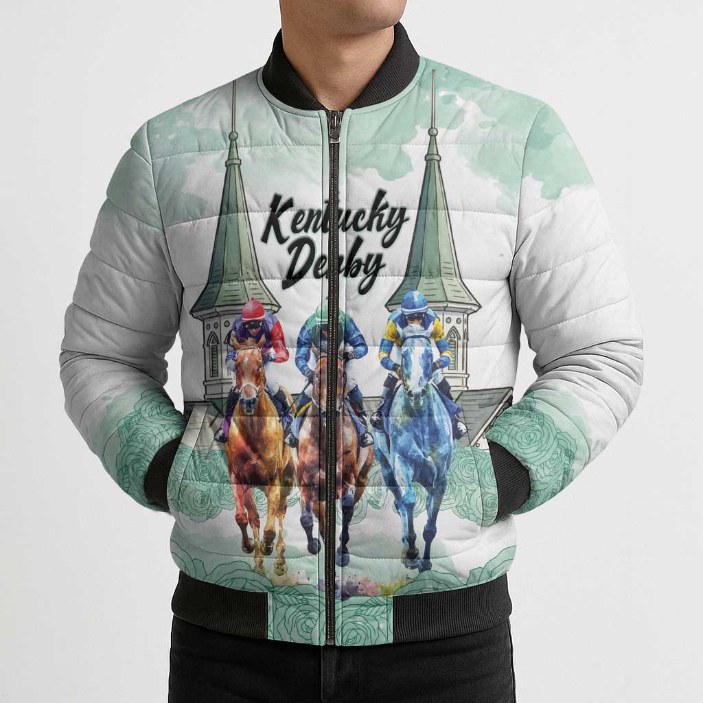 Kentucky Horse Racing Personalized Bomber Puffer Jacket Churchill Downs Roses Pastel Green