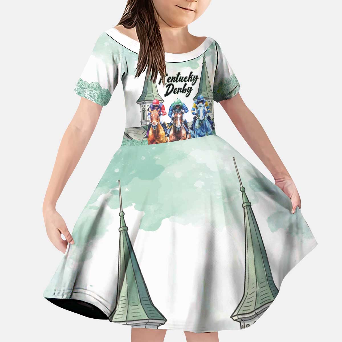 Kentucky Horse Racing Personalized Kid Short Sleeve Dress Churchill Downs Roses Pastel Green