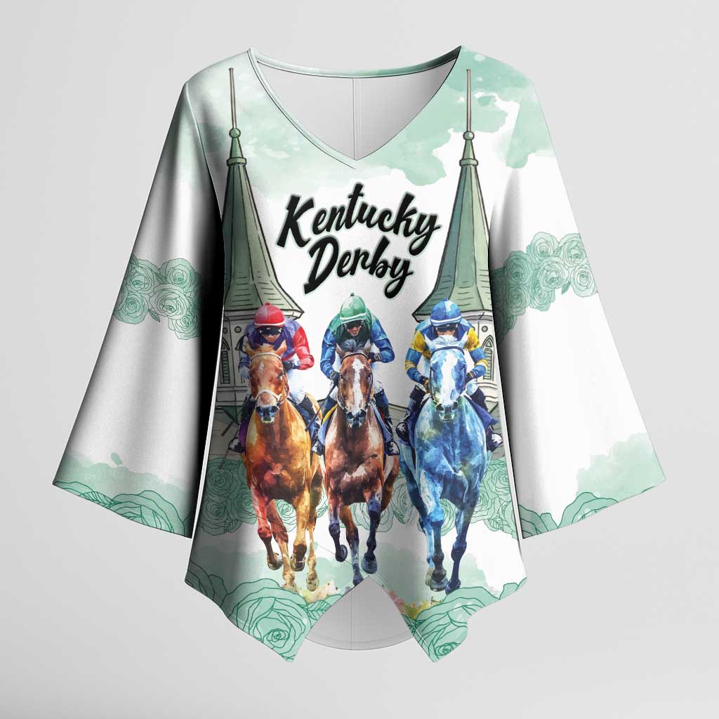 Kentucky Horse Racing Personalized Kimono Sleeve Blouse Churchill Downs Roses Pastel Green