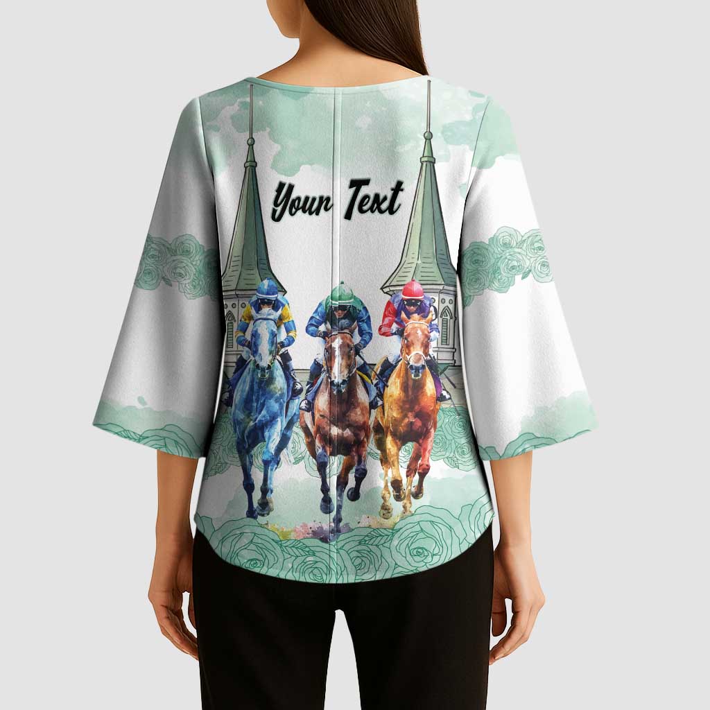 Kentucky Horse Racing Personalized Kimono Sleeve Blouse Churchill Downs Roses Pastel Green