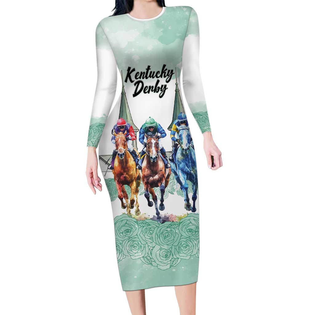 Kentucky Horse Racing Personalized Long Sleeve Bodycon Dress Churchill Downs Roses Pastel Green