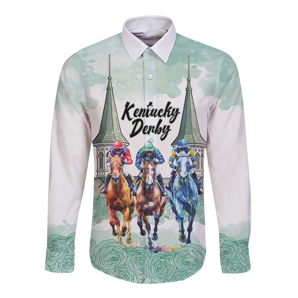 Kentucky Horse Racing Personalized Long Sleeve Button Shirt Churchill Downs Roses Pastel Green