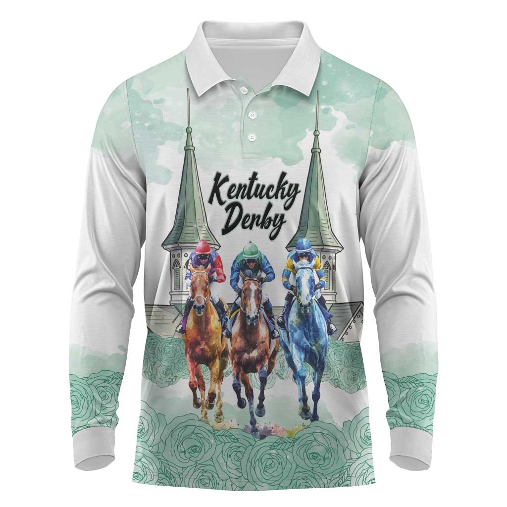 Kentucky Horse Racing Personalized Long Sleeve Polo Shirt Churchill Downs Roses Pastel Green