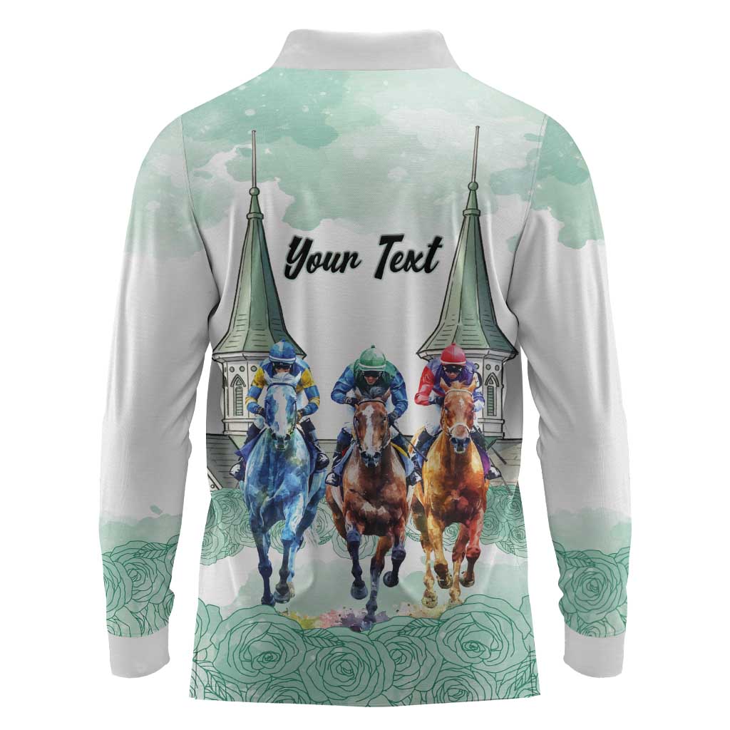 Kentucky Horse Racing Personalized Long Sleeve Polo Shirt Churchill Downs Roses Pastel Green