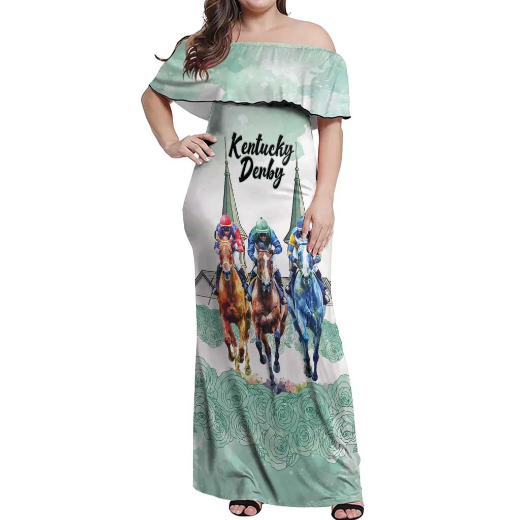 Kentucky Horse Racing Personalized Off Shoulder Maxi Dress Churchill Downs Roses Pastel Green