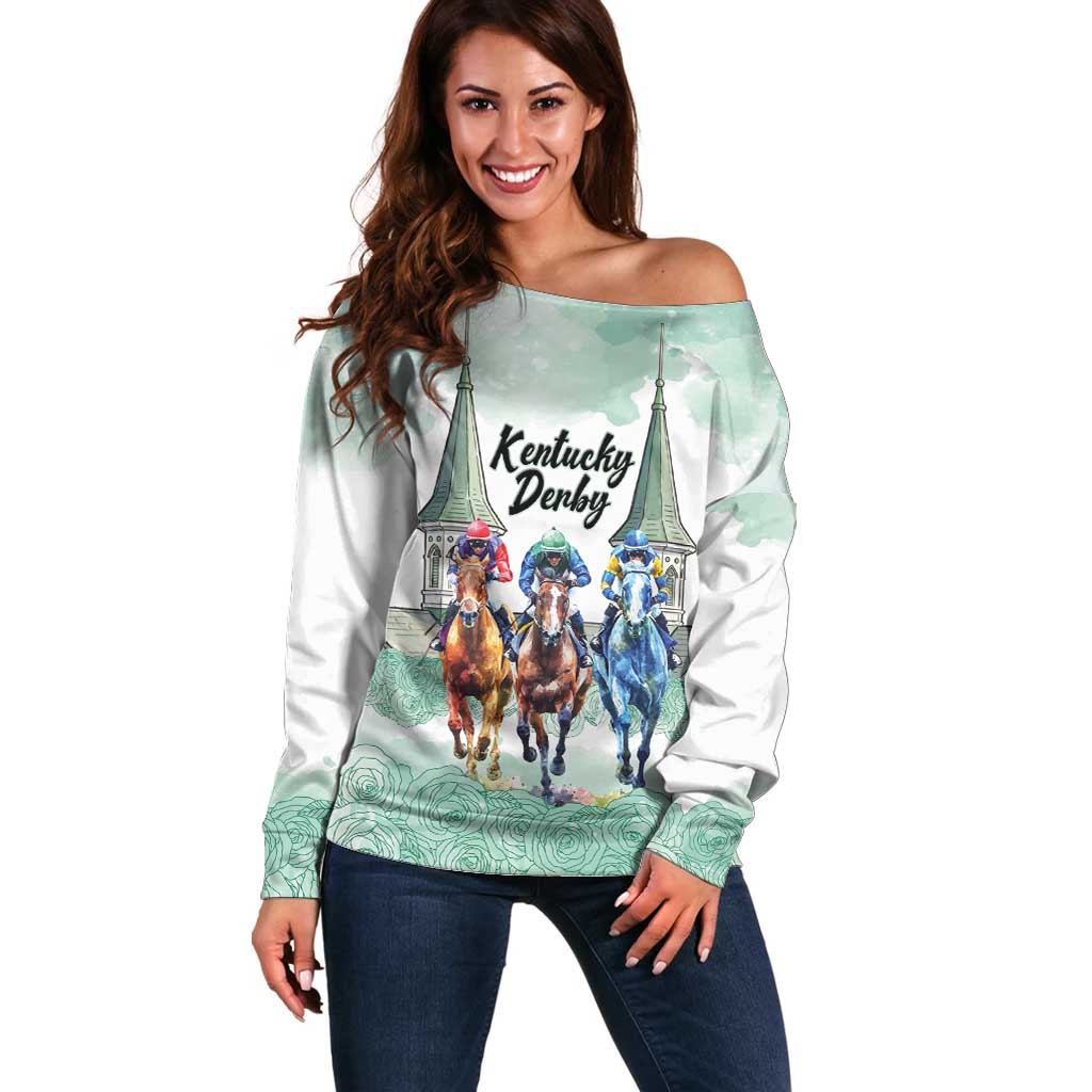 Kentucky Horse Racing Personalized Off Shoulder Sweater Churchill Downs Roses Pastel Green