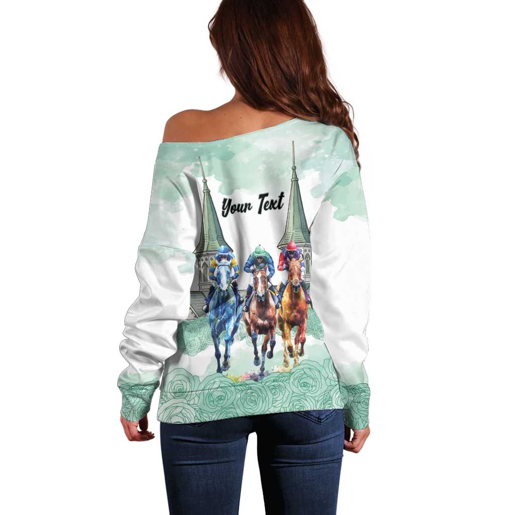 Kentucky Horse Racing Personalized Off Shoulder Sweater Churchill Downs Roses Pastel Green