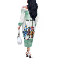 Kentucky Horse Racing Personalized Off The Shoulder Long Sleeve Dress Churchill Downs Roses Pastel Green