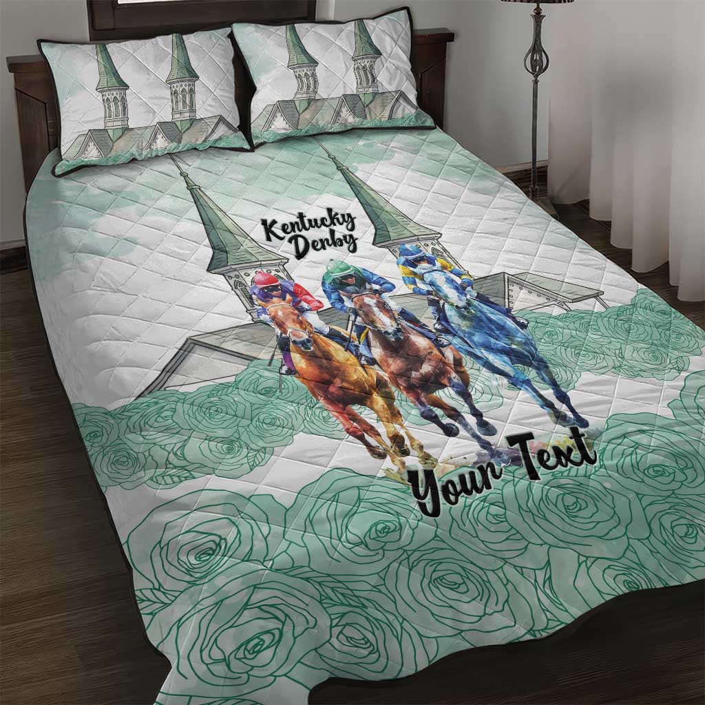 Kentucky Horse Racing Personalized Quilt Bed Set Churchill Downs Roses Pastel Green