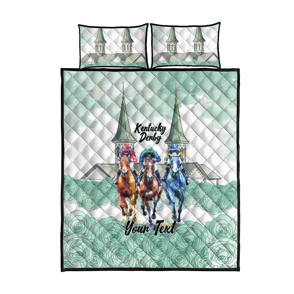 Kentucky Horse Racing Personalized Quilt Bed Set Churchill Downs Roses Pastel Green
