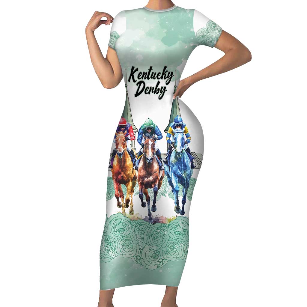 Kentucky Horse Racing Personalized Short Sleeve Bodycon Dress Churchill Downs Roses Pastel Green