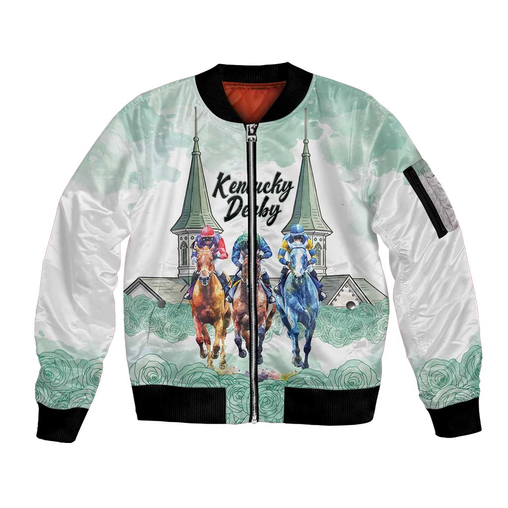 Kentucky Horse Racing Personalized Sleeve Zip Bomber Jacket Churchill Downs Roses Pastel Green
