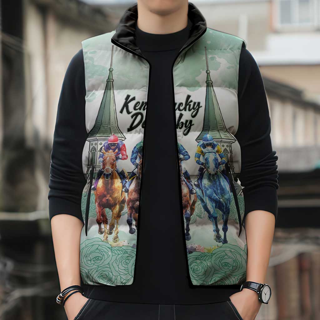 Kentucky Horse Racing Personalized Sleeveless Puffer Jacket Churchill Downs Roses Pastel Green
