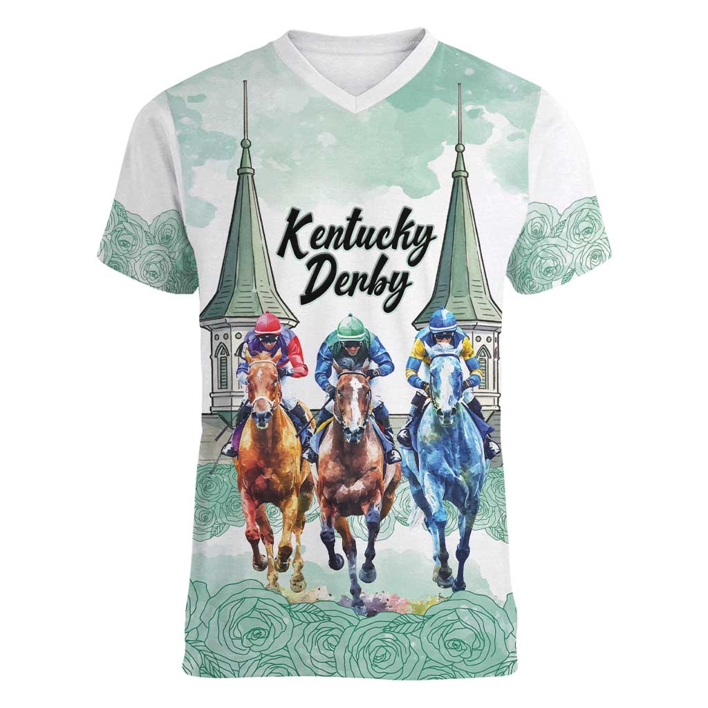 Kentucky Horse Racing Personalized Women V-Neck T-Shirt Churchill Downs Roses Pastel Green