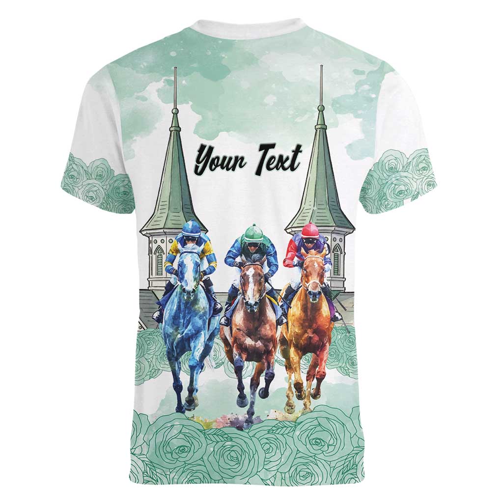 Kentucky Horse Racing Personalized Women V-Neck T-Shirt Churchill Downs Roses Pastel Green