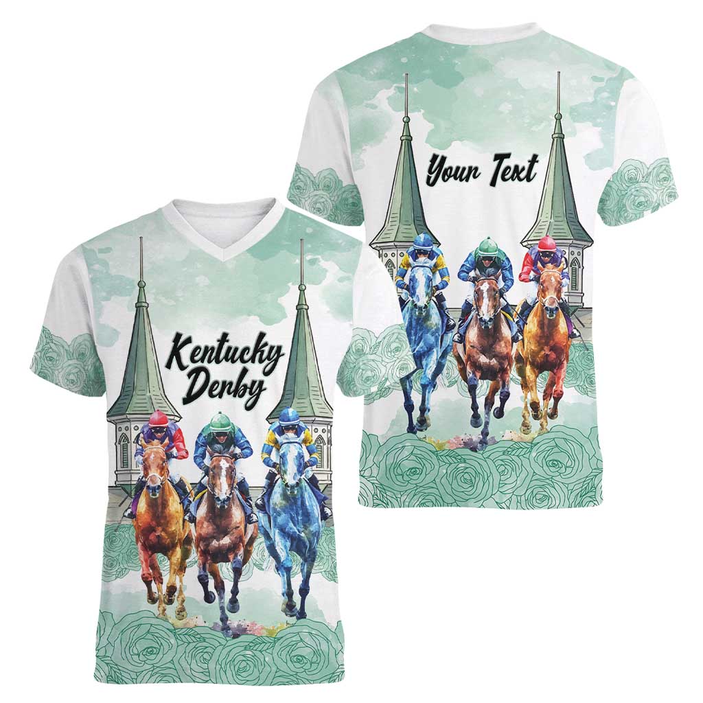 Kentucky Horse Racing Personalized Women V-Neck T-Shirt Churchill Downs Roses Pastel Green