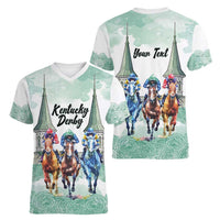 Kentucky Horse Racing Personalized Women V-Neck T-Shirt Churchill Downs Roses Pastel Green
