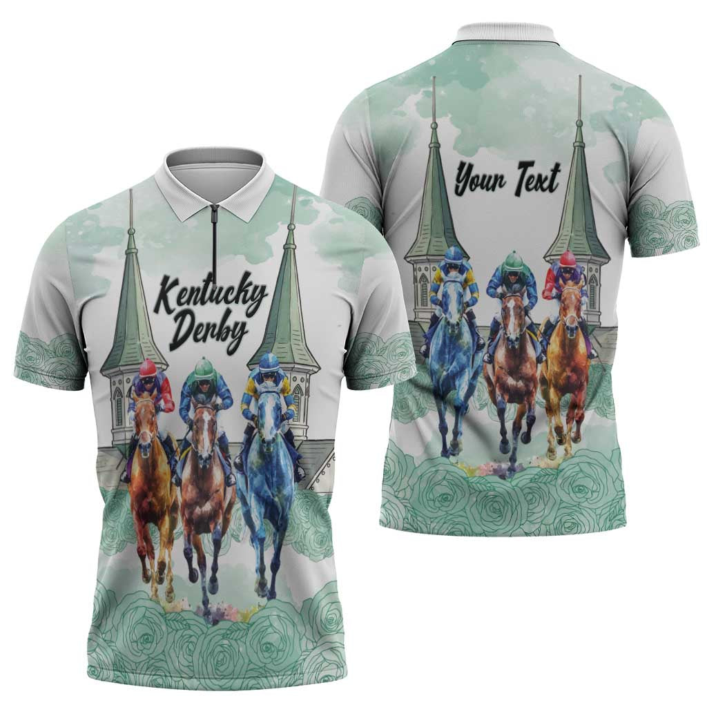 Kentucky Horse Racing Personalized Zipper Polo Shirt Churchill Downs Roses Pastel Green