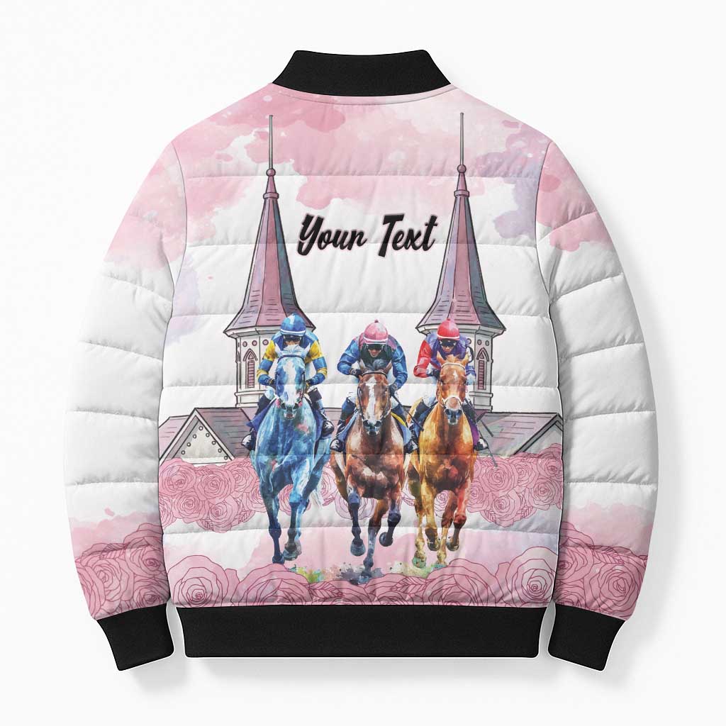 Kentucky Horse Racing Personalized Bomber Puffer Jacket Churchill Downs Roses Pastel Pink
