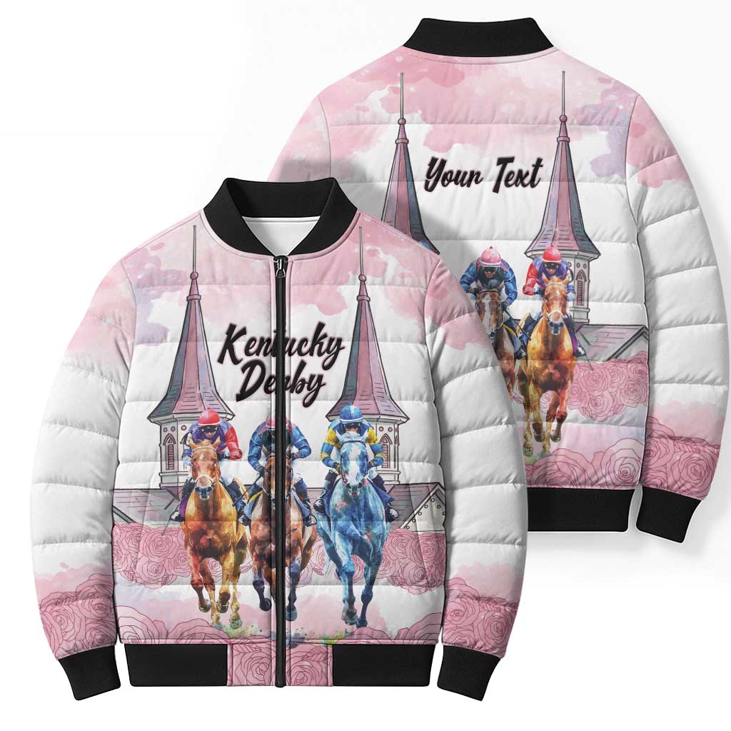 Kentucky Horse Racing Personalized Bomber Puffer Jacket Churchill Downs Roses Pastel Pink