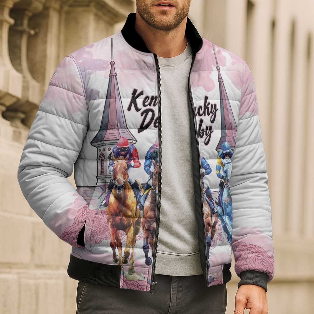 Kentucky Horse Racing Personalized Bomber Puffer Jacket Churchill Downs Roses Pastel Pink