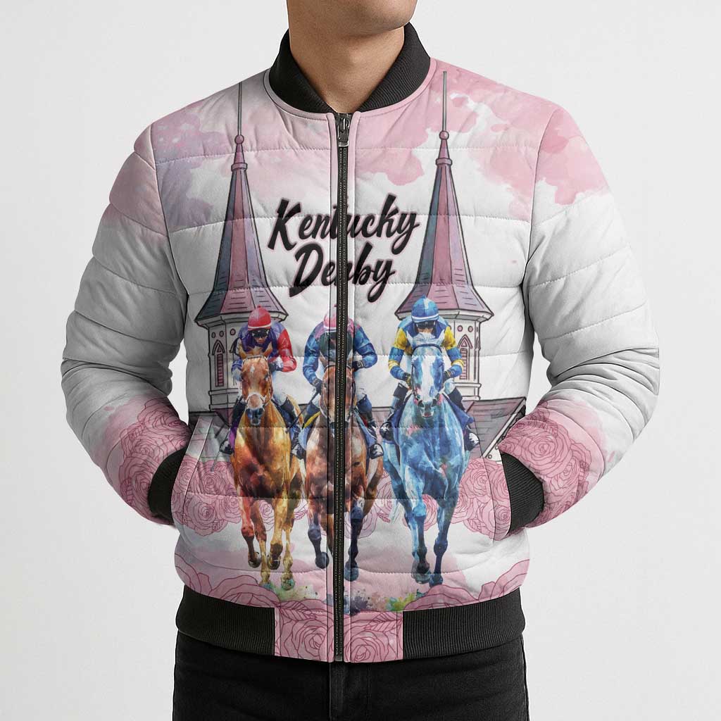 Kentucky Horse Racing Personalized Bomber Puffer Jacket Churchill Downs Roses Pastel Pink
