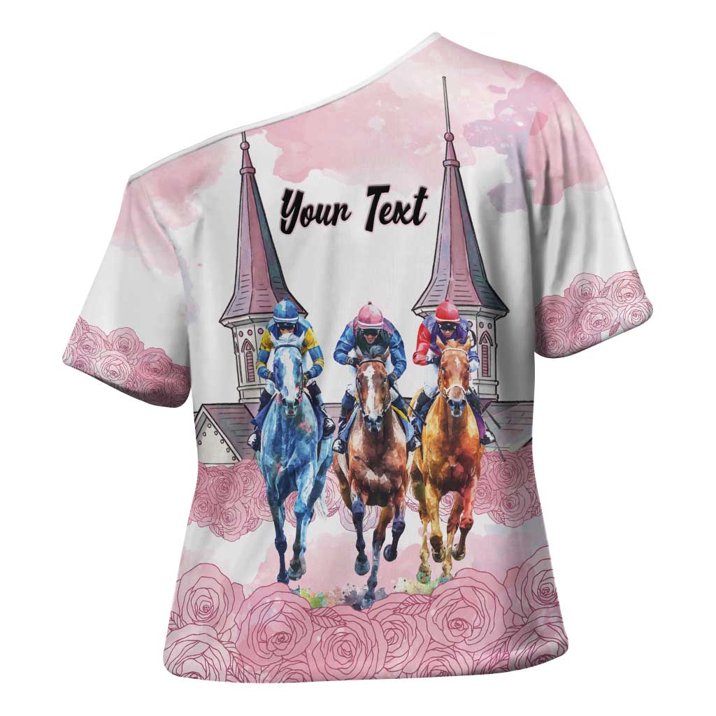 Kentucky Horse Racing Personalized Cross Shoulder Shirt Churchill Downs Roses Pastel Pink