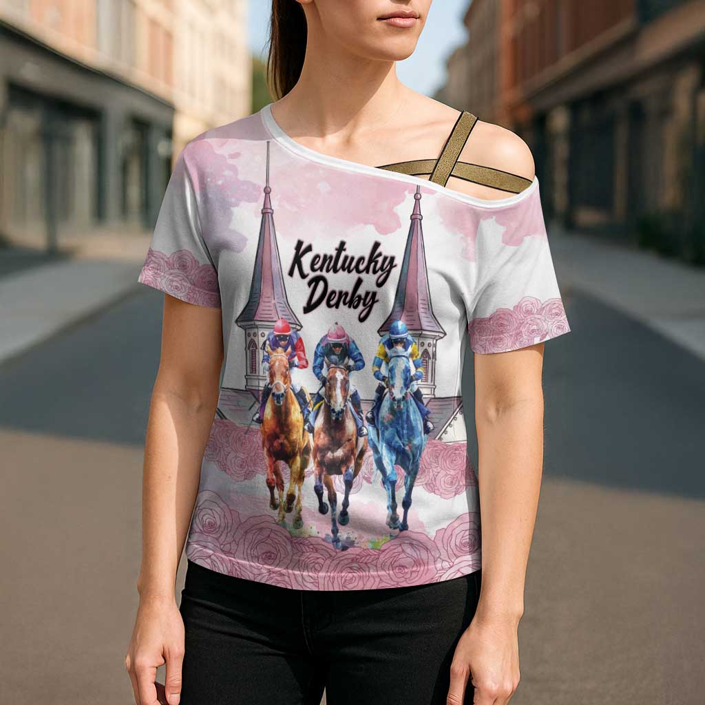 Kentucky Horse Racing Personalized Cross Shoulder Shirt Churchill Downs Roses Pastel Pink
