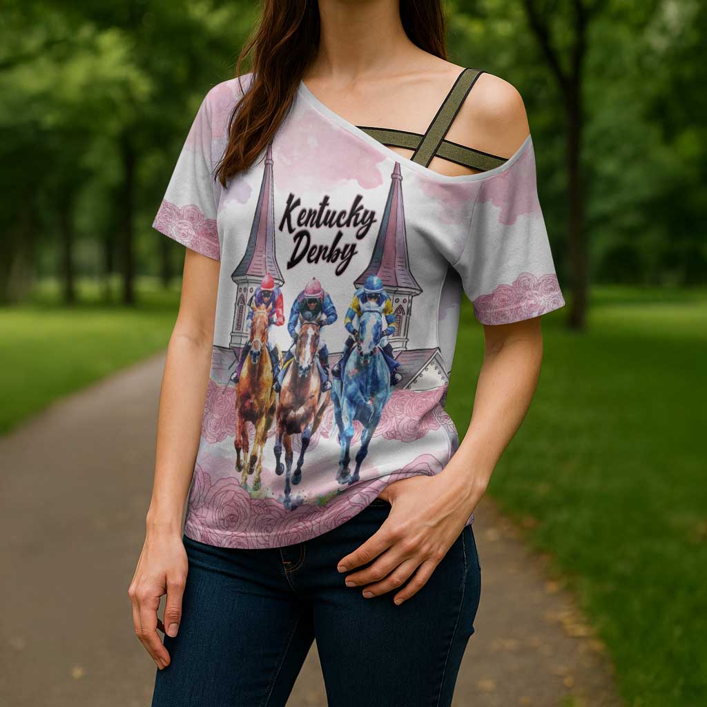 Kentucky Horse Racing Personalized Cross Shoulder Shirt Churchill Downs Roses Pastel Pink