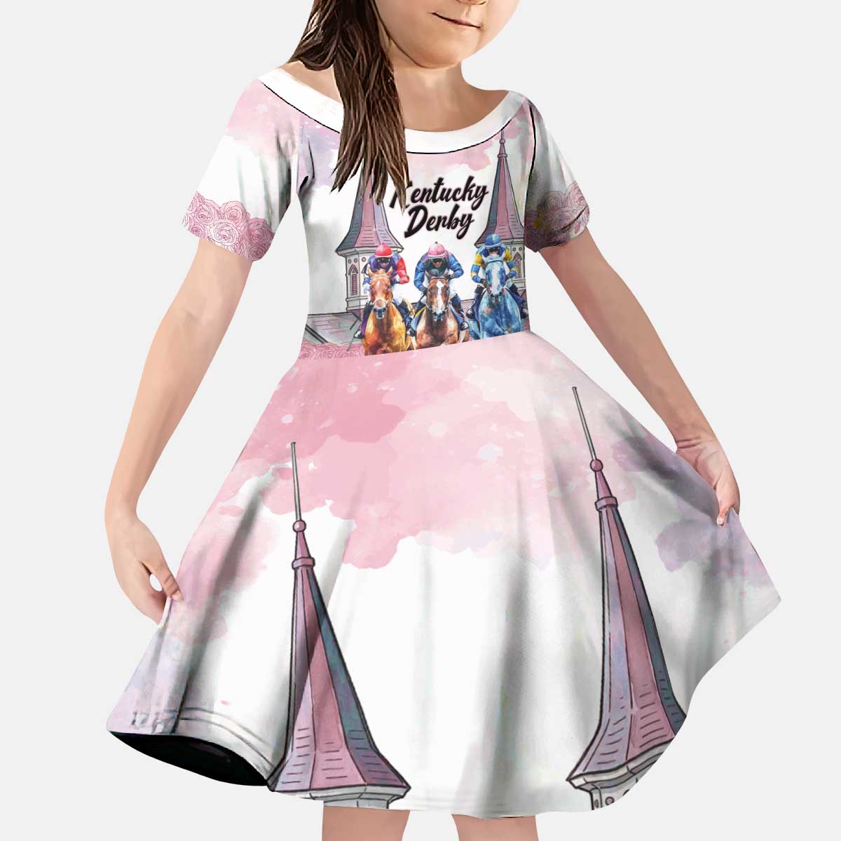 Kentucky Horse Racing Personalized Kid Short Sleeve Dress Churchill Downs Roses Pastel Pink