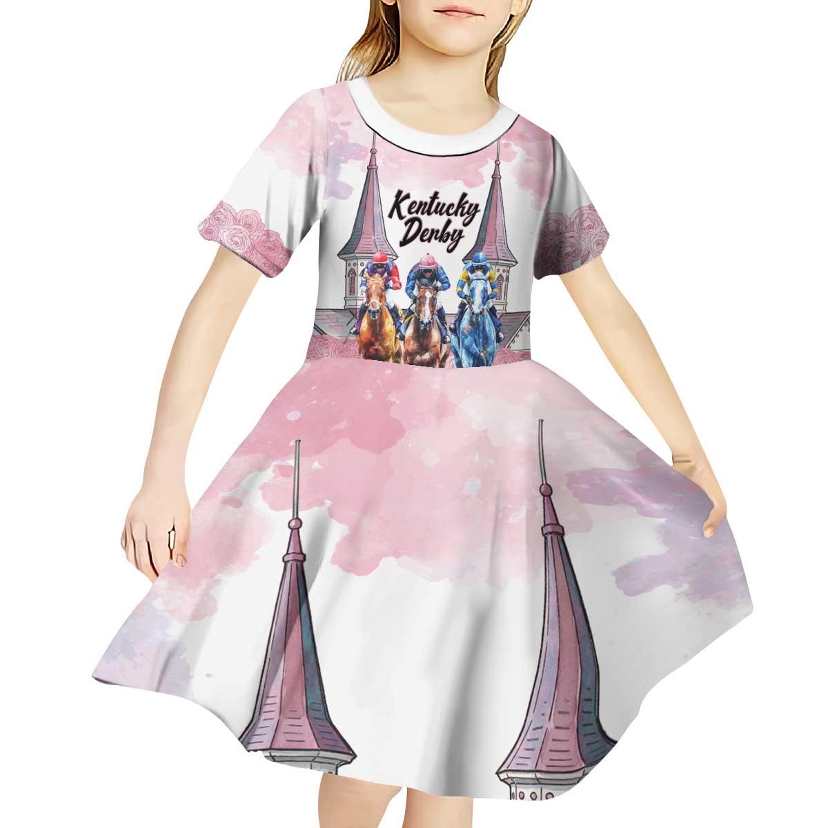 Kentucky Horse Racing Personalized Kid Short Sleeve Dress Churchill Downs Roses Pastel Pink