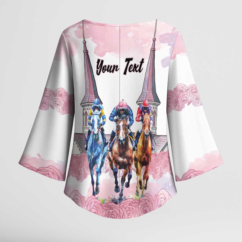 Kentucky Horse Racing Personalized Kimono Sleeve Blouse Churchill Downs Roses Pastel Pink
