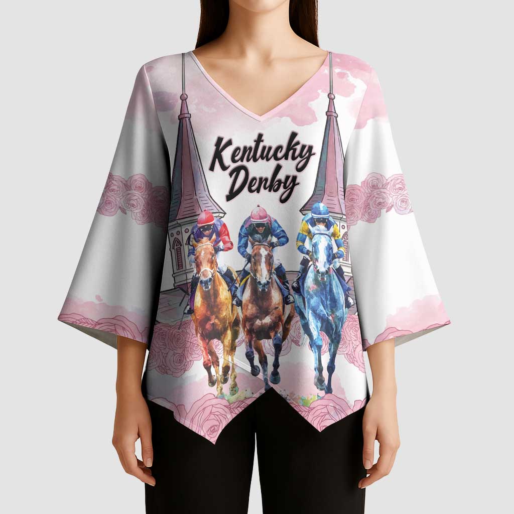 Kentucky Horse Racing Personalized Kimono Sleeve Blouse Churchill Downs Roses Pastel Pink
