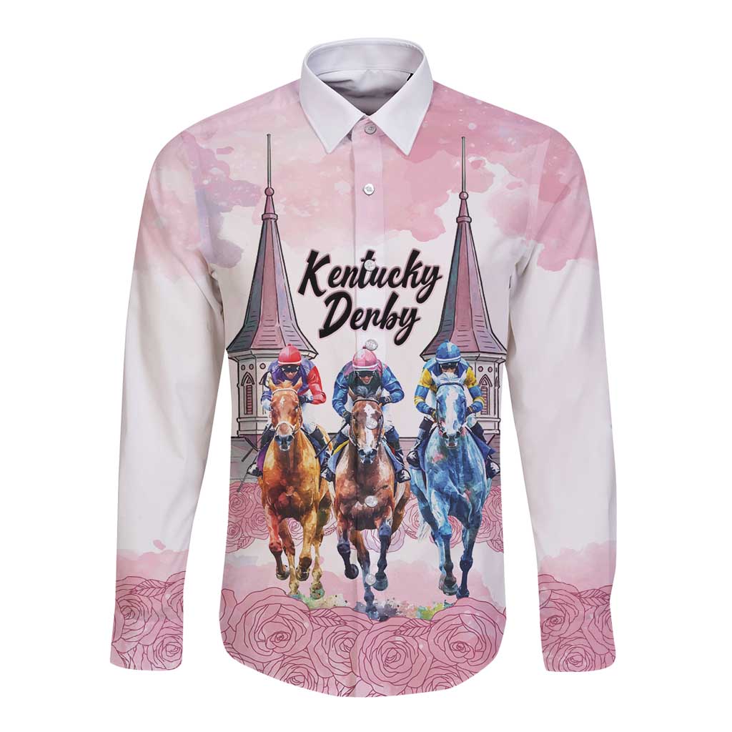 Kentucky Horse Racing Personalized Long Sleeve Button Shirt Churchill Downs Roses Pastel Pink