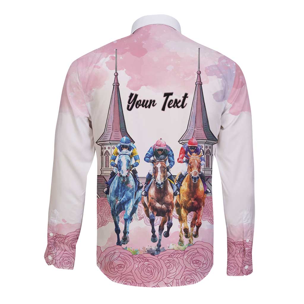 Kentucky Horse Racing Personalized Long Sleeve Button Shirt Churchill Downs Roses Pastel Pink