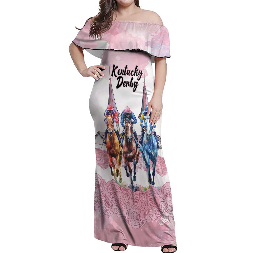 Kentucky Horse Racing Personalized Off Shoulder Maxi Dress Churchill Downs Roses Pastel Pink
