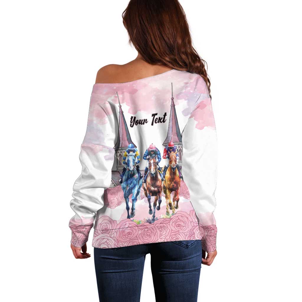 Kentucky Horse Racing Personalized Off Shoulder Sweater Churchill Downs Roses Pastel Pink