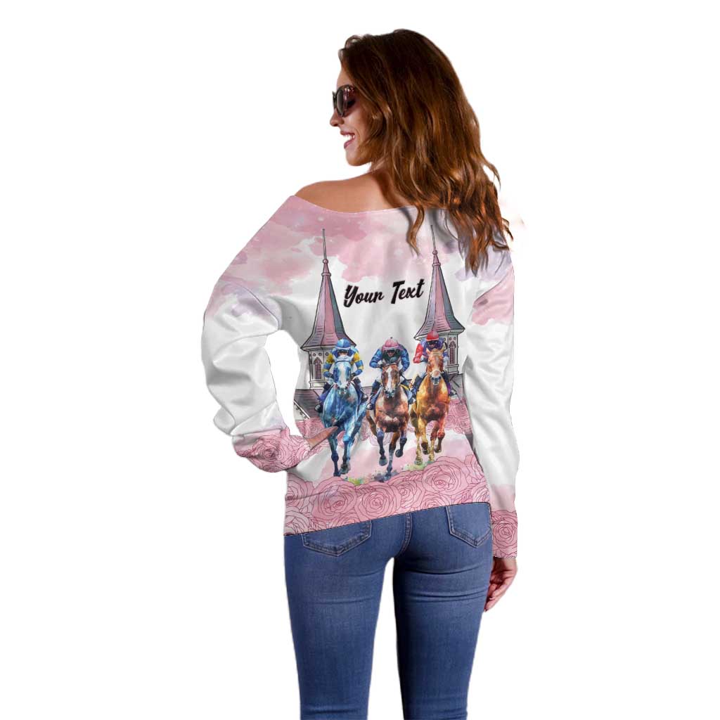 Kentucky Horse Racing Personalized Off Shoulder Sweater Churchill Downs Roses Pastel Pink