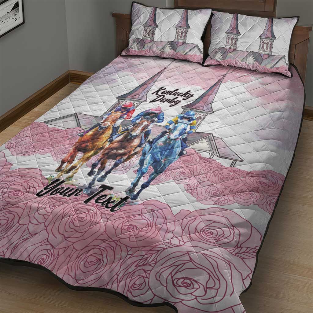 Kentucky Horse Racing Personalized Quilt Bed Set Churchill Downs Roses Pastel Pink