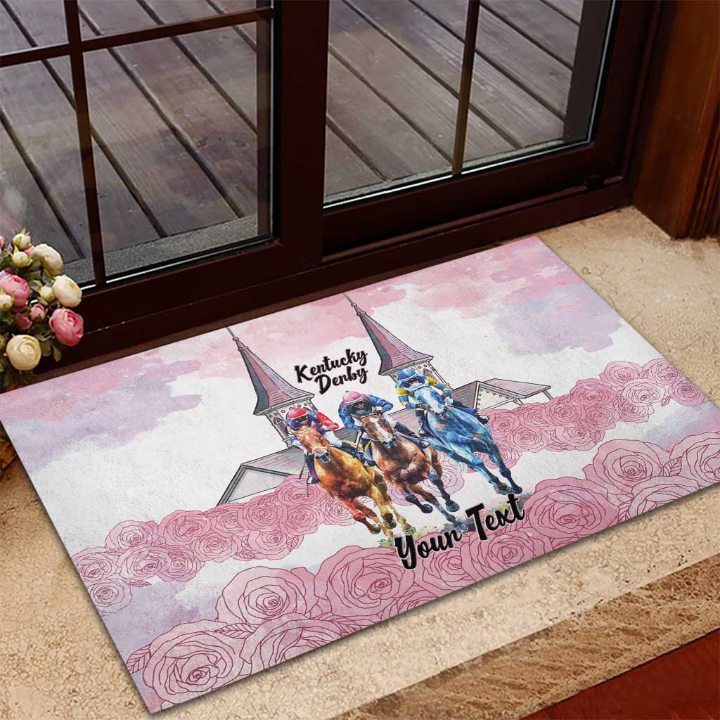 Kentucky Horse Racing Personalized Rubber Doormat Churchill Downs Roses Pastel Pink