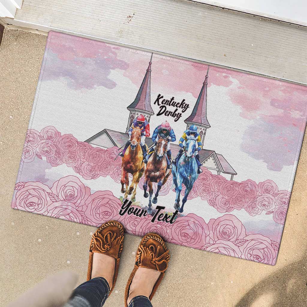 Kentucky Horse Racing Personalized Rubber Doormat Churchill Downs Roses Pastel Pink