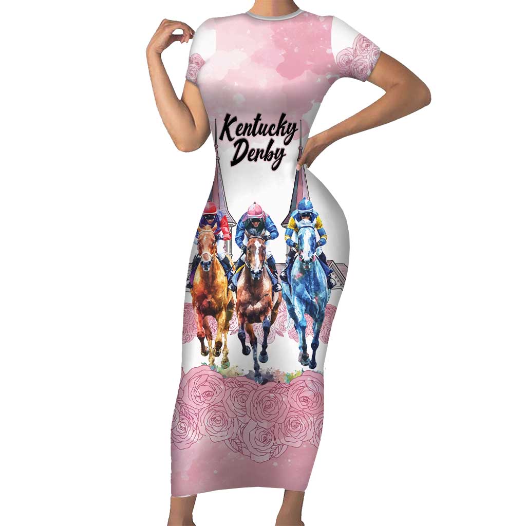 Kentucky Horse Racing Personalized Short Sleeve Bodycon Dress Churchill Downs Roses Pastel Pink